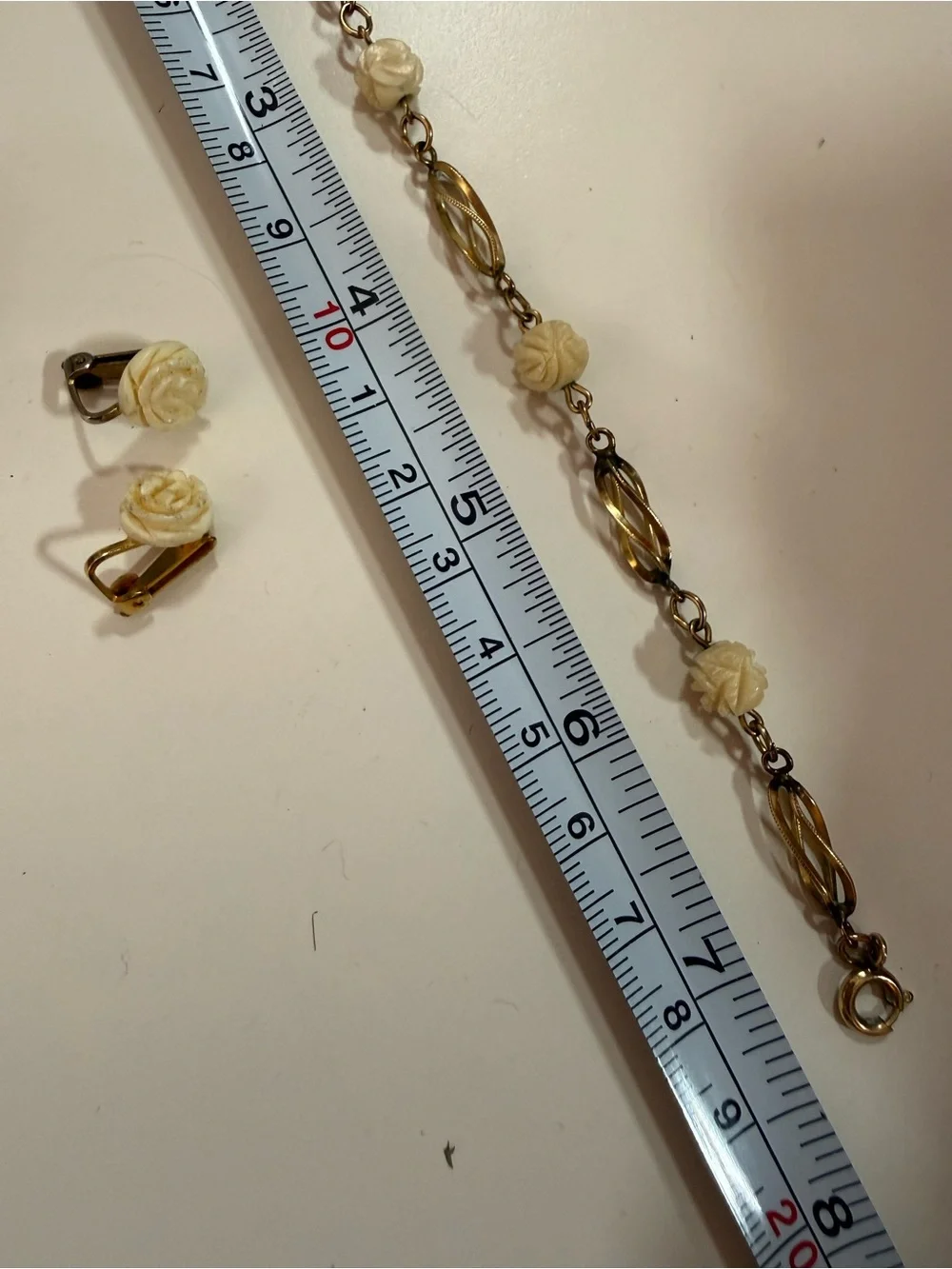 Vintage 1/20 12K GF gold cream flower delicate coquette bracelet earring set